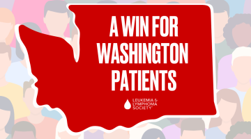 Diverse patients in the background with the outline of Washington on top, reading: "A win for Washington patients."