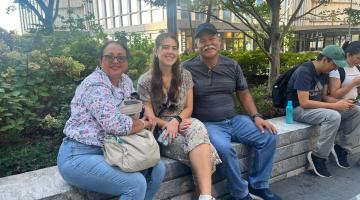 Jennifer Lewis (center) reunites with leaders of the Red Cross in Tena, Ecuador, during a visit to New York City.