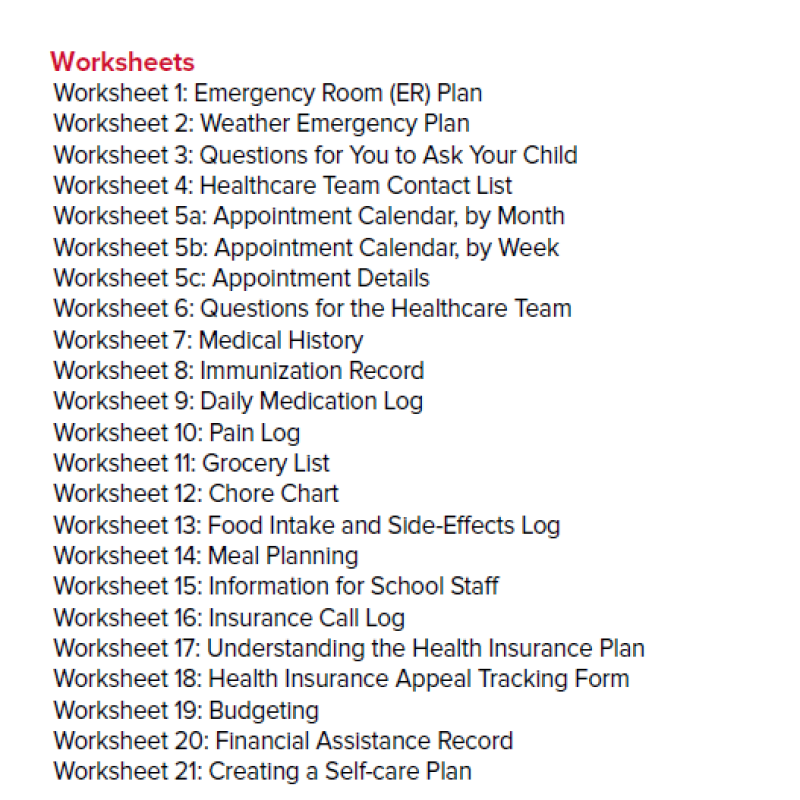 Worksheets from The Caring for Kids and Adolescents Workbook