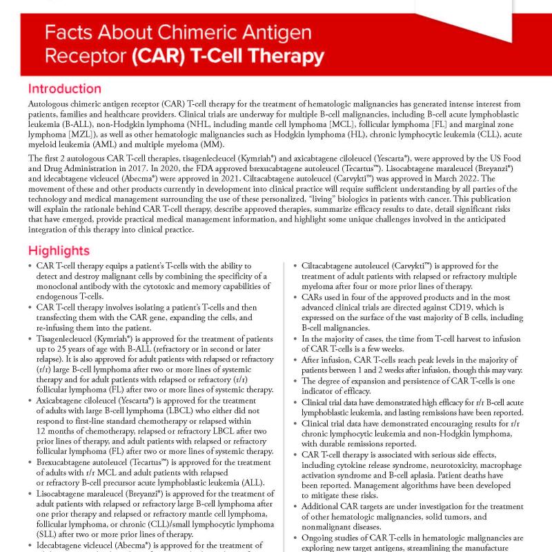 Facts About Chimeric Antigen Receptor (CAR) T-Cell Therapy